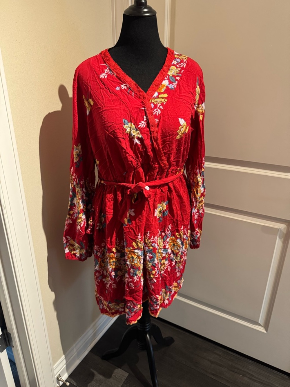 Suzanne Betro Red Floral V-Neck Belted Dress